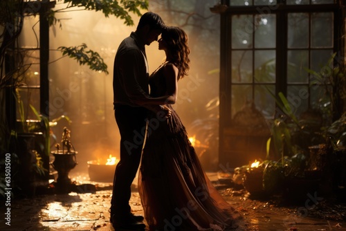 Lovers slow dancing in a moonlit garden photo - stock photography concepts