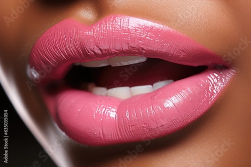 Makeup artist applying vibrant lip color photo - stock photography concepts