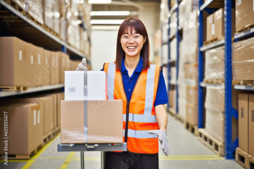 Asian female warehouse employee managing inventory, holding boxes with shelves in the background, streamlining shipping and logistics operations and efficiency