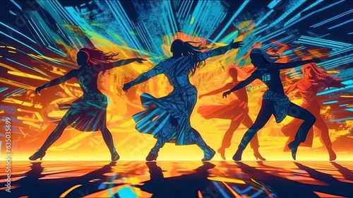 Energetic dancers performing on stage . Fantasy concept , Illustration painting.