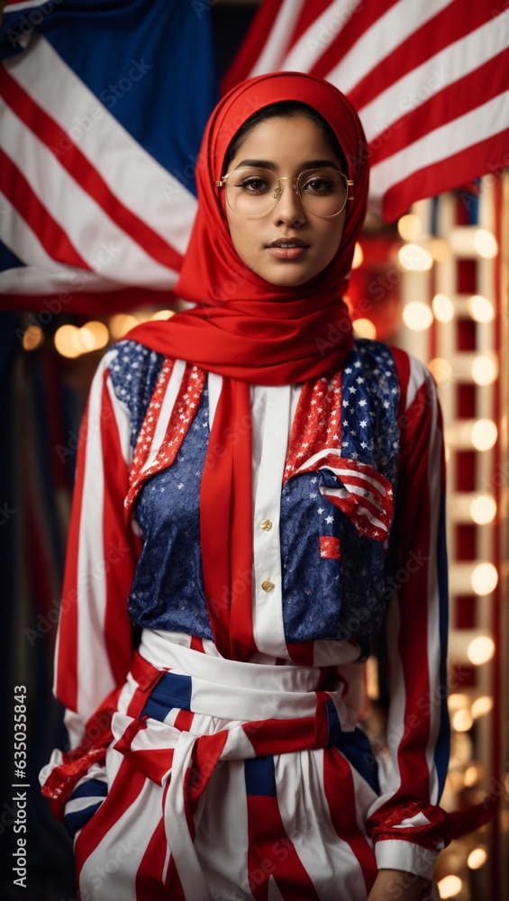 A woman wearing a hijab in a patriotic red, white, and blue outfit