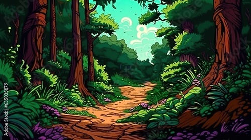 Enchanting forest trail . Fantasy concept , Illustration painting.