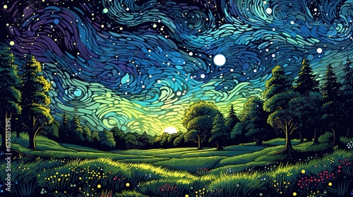Enchanting starry night over a meadow . Fantasy concept , Illustration painting.