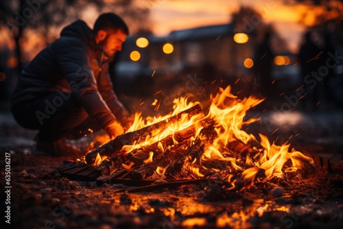 Person igniting a campfire - stock photography concepts