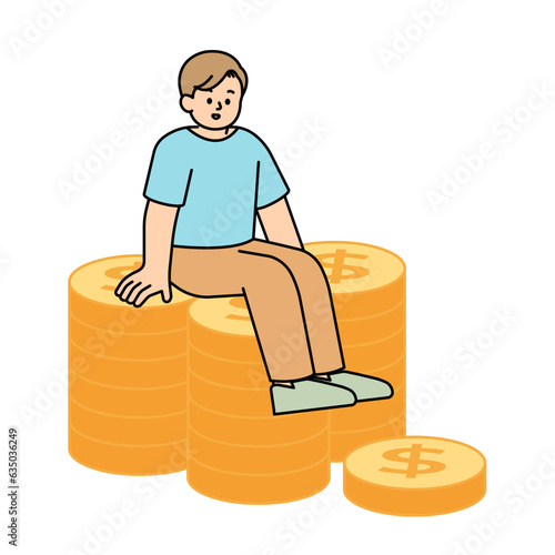 Man sitting on a pile of coins. investment concept. Simple Vector Illustration.
