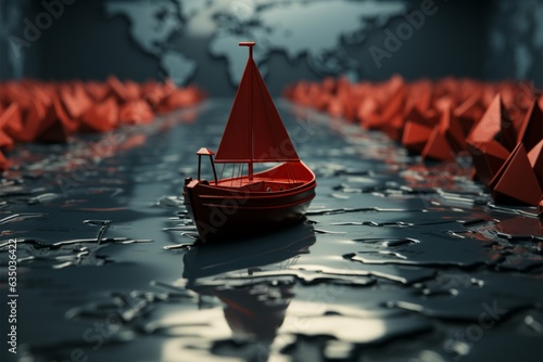 Unity in motion Paper boats follow red leader on world map, symbolizing collaborative success Generative AI
