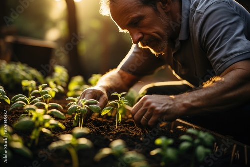 Person passionately tending to a thriving garden - stock photography concepts