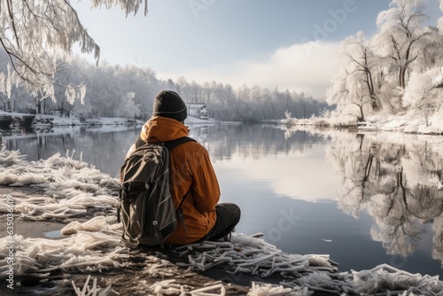 Person sitting by a frozen lake lost in thought - stock photography concepts