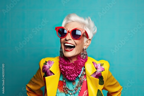 funny fashionable old lady on blue background