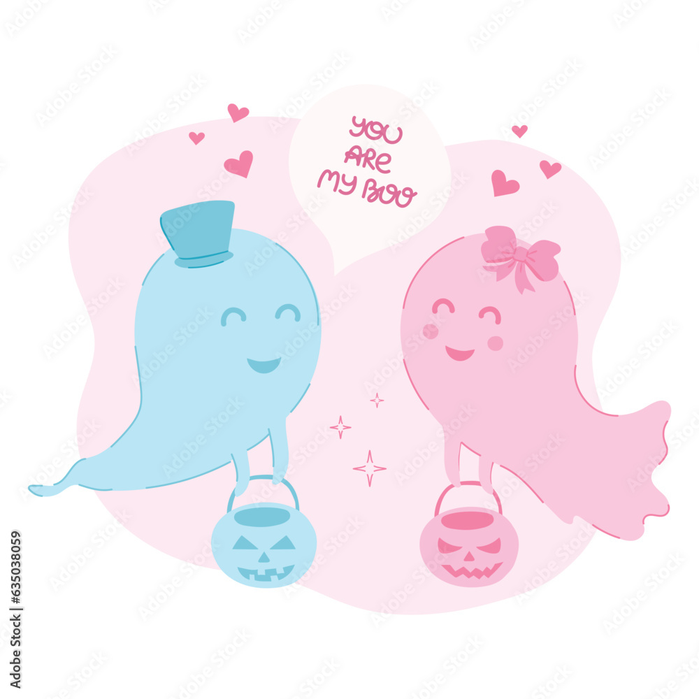 Cute vector illustration with pink and blue ghosts and pumpkin. Loving ghosts. Halloween in pink style. Cute ghosts with hearts and a speech bubble. You are my boo