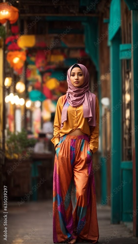 A woman in a stylish hijab standing confidently on a busy city sidewalk