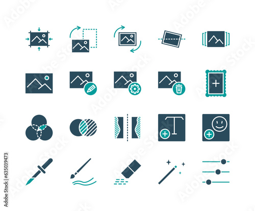 Photo editor flat line icons set. Image, video editing. Simple flat vector illustration for store, web site or mobile app