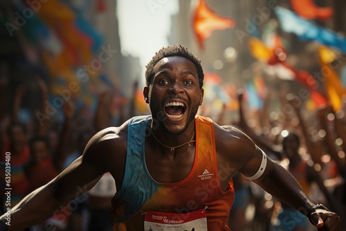 Runner crossing a finish line with a sense of achievement - stock photography concepts