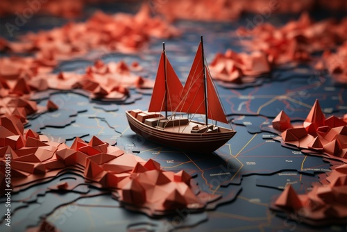 Course for victory Red boat guides paper boats on world map, embodying collaborative leadership Generative AI