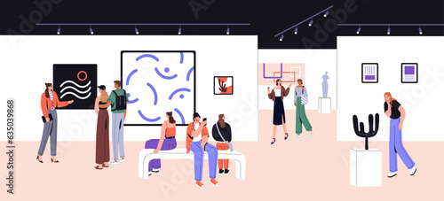 Abstract art gallery. People walk, watch painting, artwork on exposition. Visitors looking picture with guide, woman look modern sculpture, tourist group sit in museum hall. Flat vector illustration