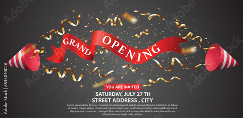 Grand opening invitations card design with gold ribbon, confetti and balloons