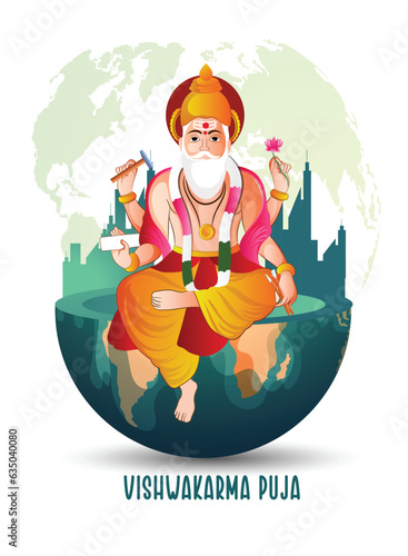 God Vishwakarma, an architect, and divine engineer of universe Vishwakarma puja vector illustration photo