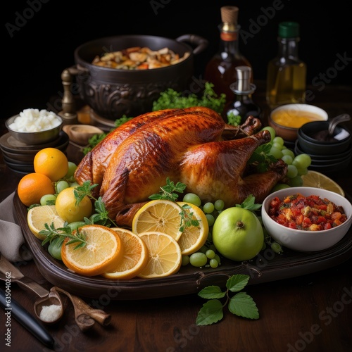 Thanksgiving dinner. Roasted turkey garnished with cranberries on a rustic style table decoraded with oranges, vegetables, pie, flowers, wine and candles