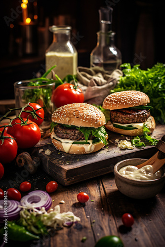 Two Hamburgers, burgers with vegetables on wooden tray, ingredients in background