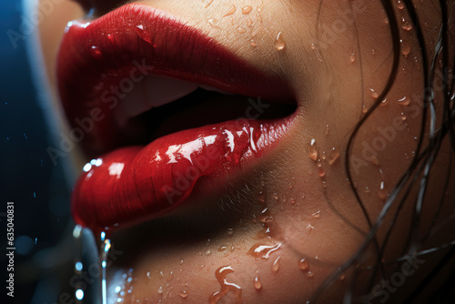 Shiny sexy wet lips with red glossy lipstick close-up