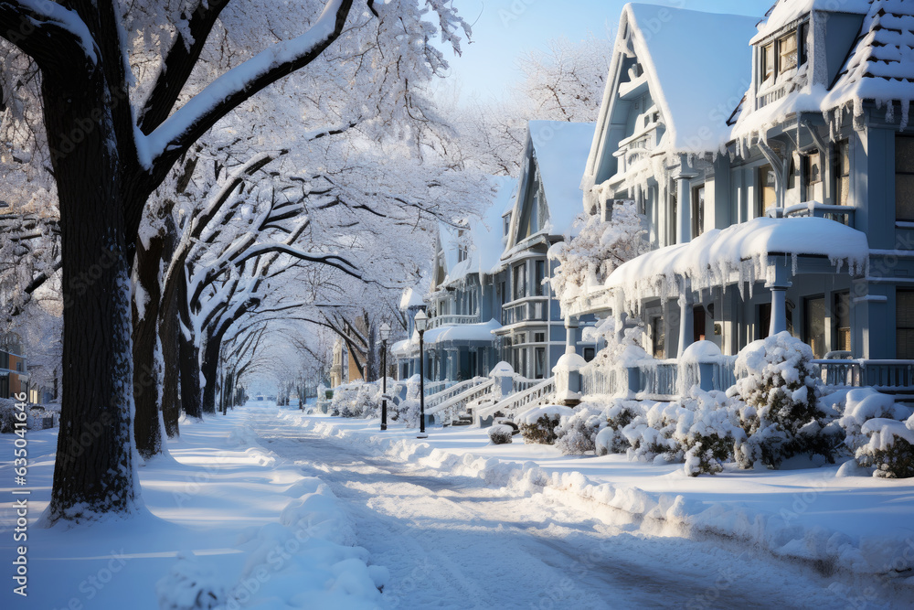 Snow covered street in the suburbs in winter on New Year's Eve