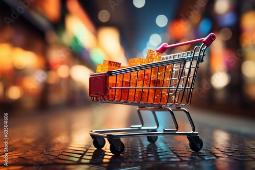 Retail rendezvous Shopping cart amidst blurred store bokeh, symbolizing dynamic shopping experience Generative AI