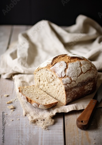 Fresh fragrant crusty bread on a wooden table with a dark background. Generative AI.