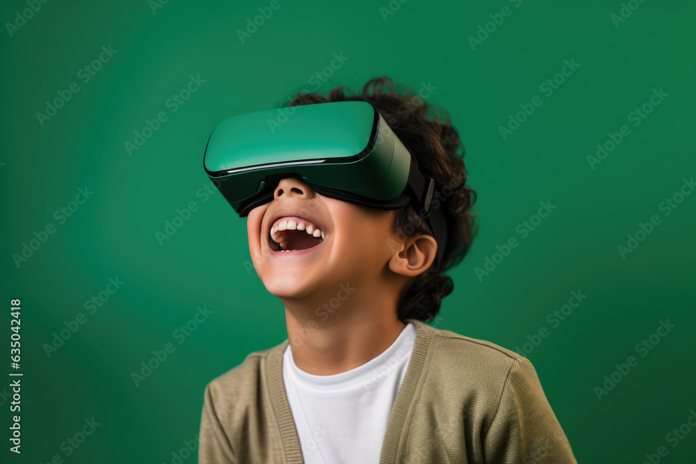 Happy Boy In Vr Glasses On Green Background. Happy Boy, Vr Glasses, Green Background Happy Boy In Vr Glasses On Green Background. Happy Boy, Vr Glasses, Green Background