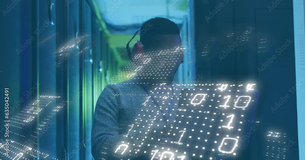 Animation of binary codes, african american male engineer using laptop in server room