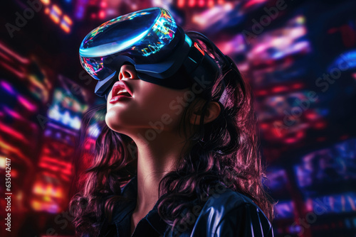Girl In Vr Glasses With Neon Lights. Vr Glasses, Girl, Neon Lights, Augmented Reality, Future Tech, Fashion Trends, Safety, Cost