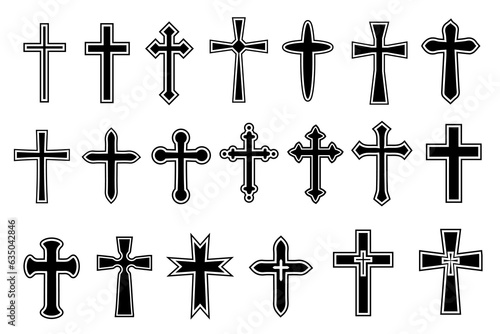 Decorative crucifix religion catholic symbol, Christian crosses. orthodox faith church cross icons design, isolated flat set. vector illustration.