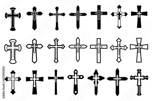 Decorative crucifix religion catholic symbol, Christian crosses. orthodox faith church cross icons design, isolated flat set. vector illustration.