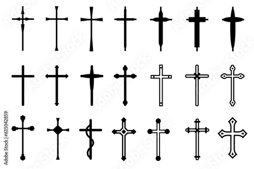 Decorative crucifix religion catholic symbol, Christian crosses. orthodox faith church cross icons design, isolated flat set. vector illustration.