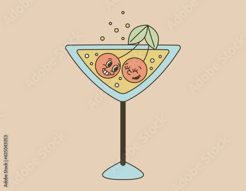 Retro glass with an alcoholic cocktail or soda and a couple of funny smiling cherries. Vector isolated groovy illustration, old cartoon style.