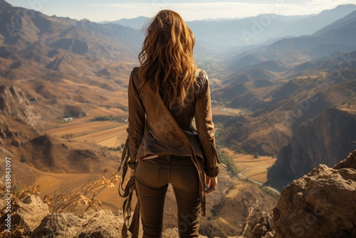 Woman standing at the edge of a rugged cliff - stock photography concepts