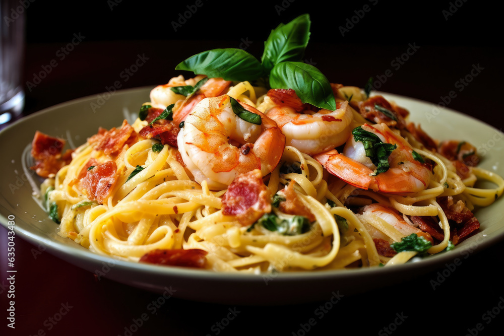 Shrimp Scampi Linguine with Sun-dried Tomatoes and Basil Leaves: A Succulent and Flavorful Italian Gourmet Entree for a Mouthwatering Dinner Experience at a Fine Dining Seafood Restaurant.