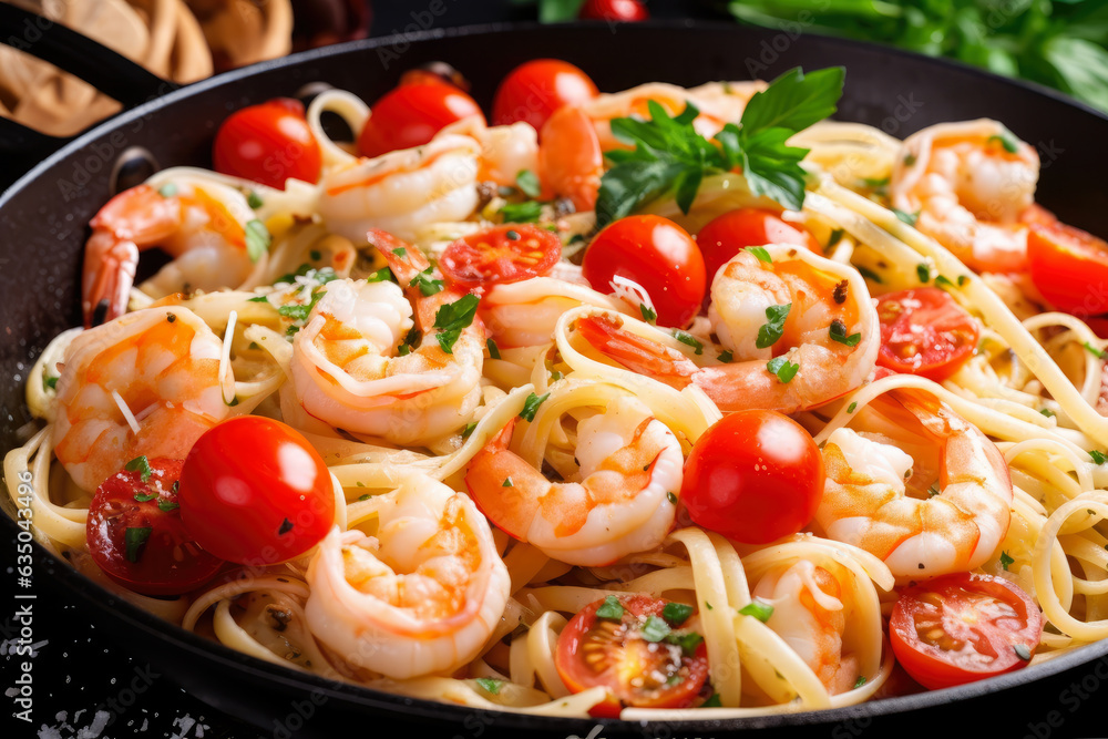 Shrimp Scampi with Linguine Pasta, Cherry Tomatoes, and Steamy Aromatic