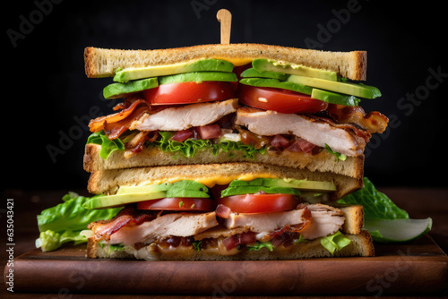 On a wooden board, enjoy a delicious and savory stacked club sandwich filled with layers of grilled chicken, crispy bacon, avocado, lettuce, and tomato.