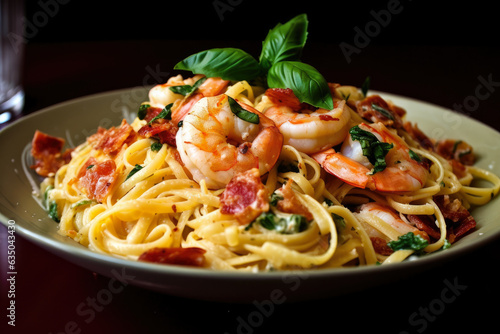Shrimp Scampi Linguine with Sun-dried Tomatoes and Basil Leaves: A Succulent and Flavorful Italian Gourmet Entree for a Mouthwatering Dinner Experience at a Fine Dining Seafood Restaurant.