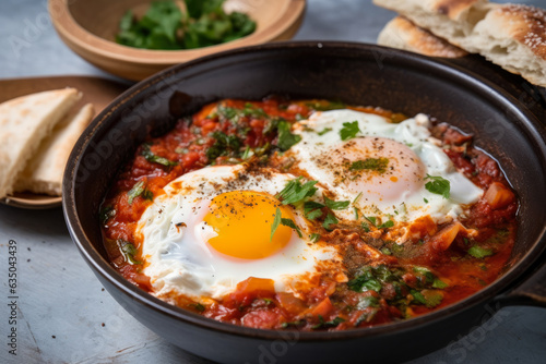 Shakshuka, a flavorful and healthy Middle Eastern breakfast, features a steaming bowl of eggs and tomatoes topped with a dollop of tangy labneh and sprinkled with za'atar seasoning.