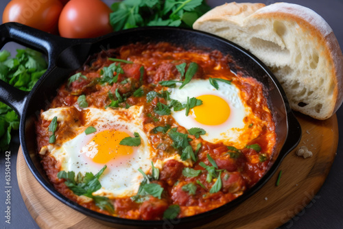 Shakshuka with a twist - A flavorful and spicy Middle Eastern breakfast dish featuring eggs, tomatoes, and smoky chorizo sausage, served with a side of crusty bread.