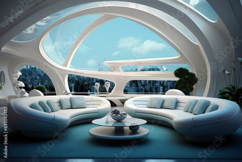 Living room in a futuristic design with glass decor