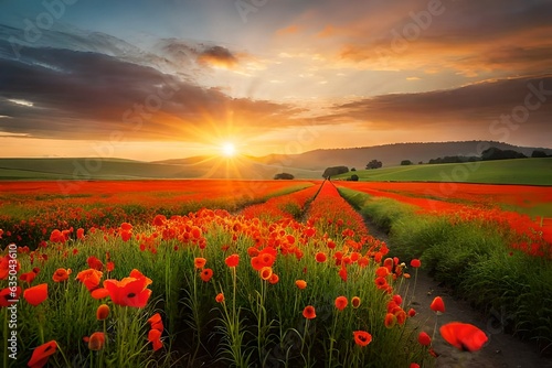 poppy field at sunset generated ai