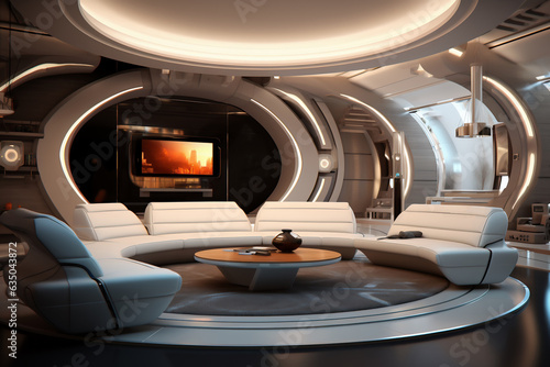 Living room in a futuristic design with big sofa and rounded decor. AI Generative. © Alina