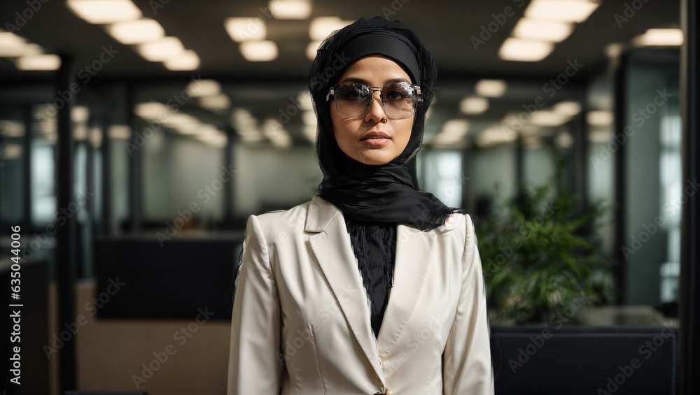 A professional woman wearing a hijab in an office setting