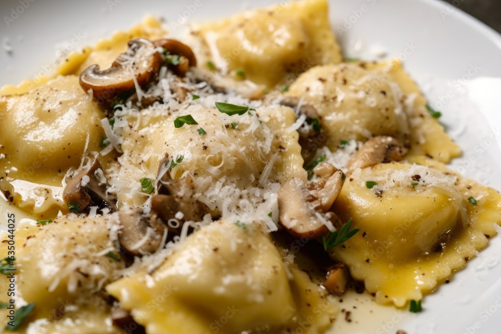 Homemade mushroom ravioli with truffle oil and grated Parmesan cheese on top, a delicious and savory Italian gourmet cuisine.