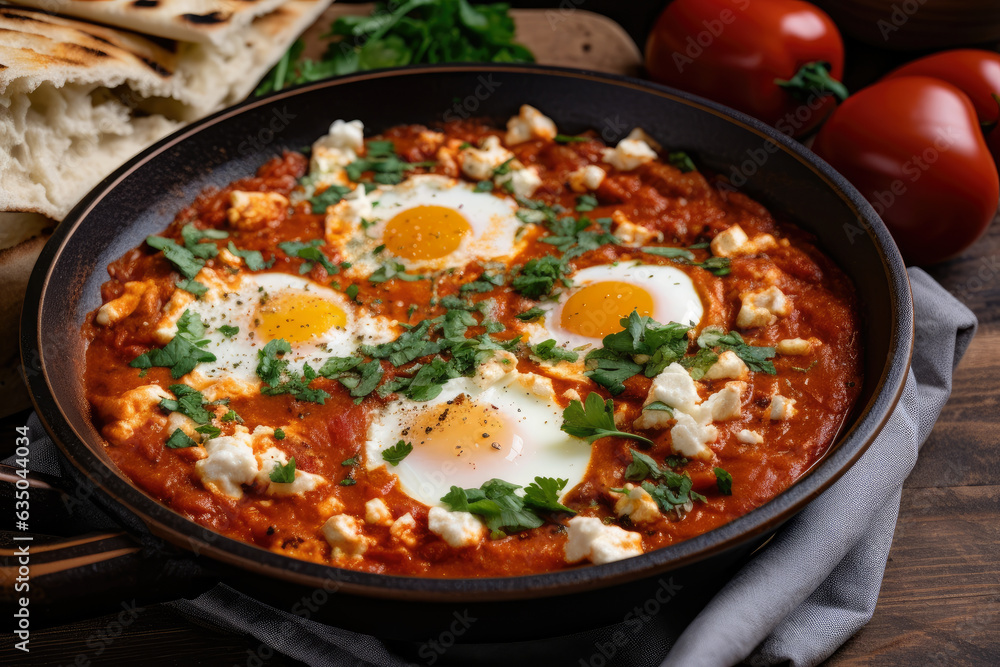 Shakshuka, a delicious and healthy Middle Eastern breakfast, features perfectly cooked eggs, creamy feta cheese, and a side of pita bread in a close-up shot of a ceramic bowl. Shakshuka, a delicious and healthy Middle Eastern breakfast, features perfectly cooked eggs, creamy feta cheese, and a side of pita bread in a close-up shot of a ceramic bowl.