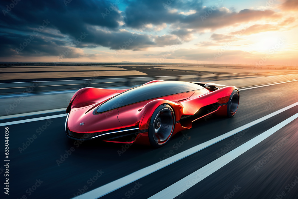 A futuristic red car is speeding down the road at high speed. AI Generated.