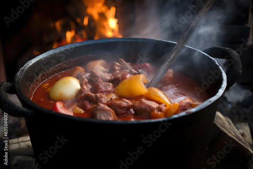 Goulash being prepared in a traditional cast-iron pot over an open flame, with smoke rising – a savory, flavorful Hungarian dish simmering to perfection.