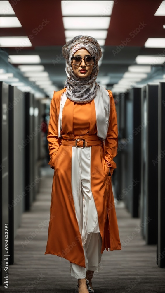 Obraz premium A woman in a stylish hijab walking down a vibrant hallway